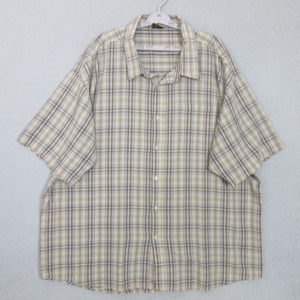 Demand Shirt Mens 5XL Plaid Short Sleeve Button Front Casual Beige Blue Tan